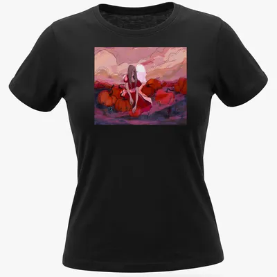 Surreal illustration of a girl in a red dress surrounded by pumpkins in a colorful field — printed on a women's shirt