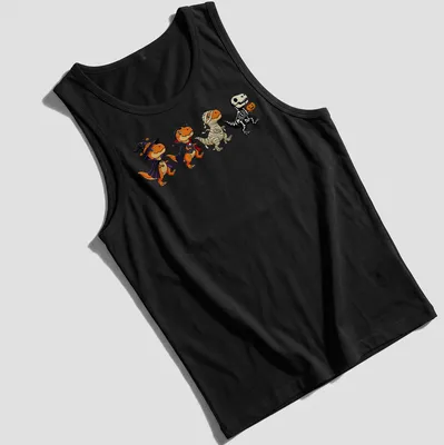 Kawaii T Rex dressed as a witch and vampire for Halloween in orange, black, purple, and white — printed on a tank top