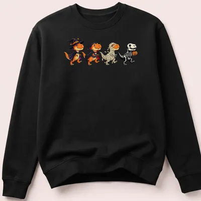 Kawaii T Rex dressed as a witch and vampire for Halloween in orange, black, purple, and white — printed on a unisex sweatshirt