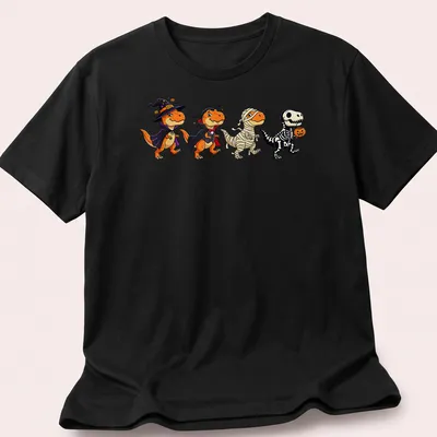 Kawaii T Rex dressed as a witch and vampire for Halloween in orange, black, purple, and white — printed on a unisex t-shirt