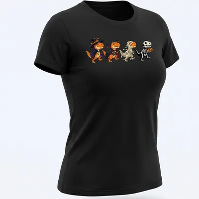 Kawaii T Rex dressed as a witch and vampire for Halloween in orange, black, purple, and white — printed on a women's shirt