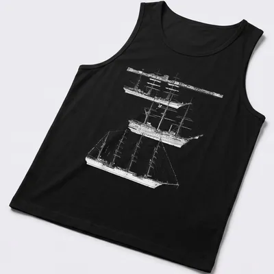 Illustration of tall ships in black and white with elegant script text — printed on a tank top