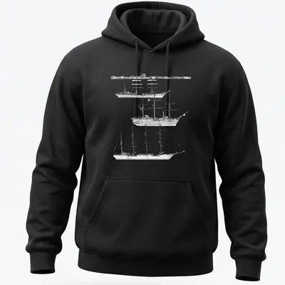 Illustration of tall ships in black and white with elegant script text — printed on a unisex hoodie