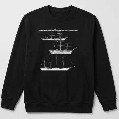 Illustration of tall ships in black and white with elegant script text — printed on a unisex sweatshirt