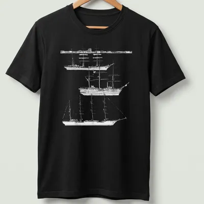 Illustration of tall ships in black and white with elegant script text