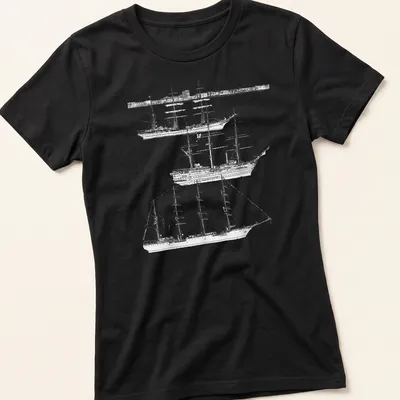 Illustration of tall ships in black and white with elegant script text — printed on a women's shirt