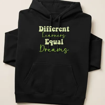 Playful script t-shirt with 'Different Learners Equal Dreams' for teachers — printed on a unisex hoodie
