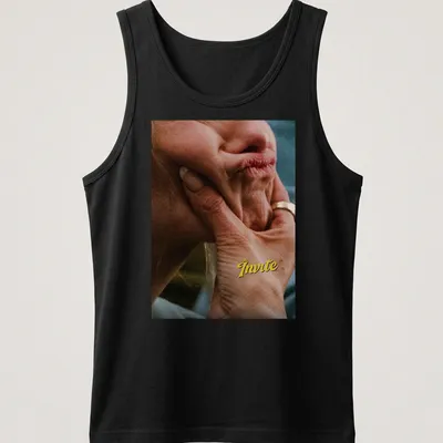 Photographic tee featuring a hand holding a thoughtful face with text "The Invite" above. — printed on a tank top