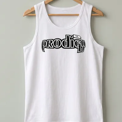 Bold black and white Prodigy logo t-shirt showcasing music legacy — printed on a tank top