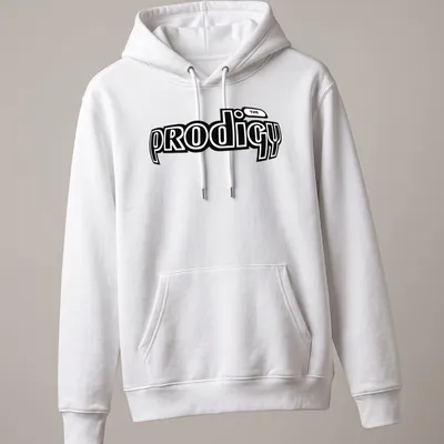 Bold black and white Prodigy logo t-shirt showcasing music legacy — printed on a unisex hoodie