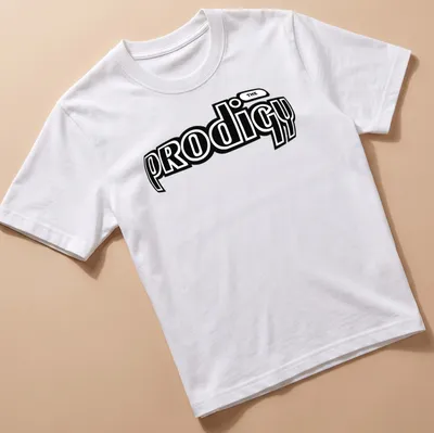 Bold black and white Prodigy logo t-shirt showcasing music legacy