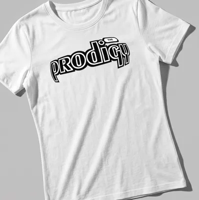 Bold black and white Prodigy logo t-shirt showcasing music legacy — printed on a women's shirt