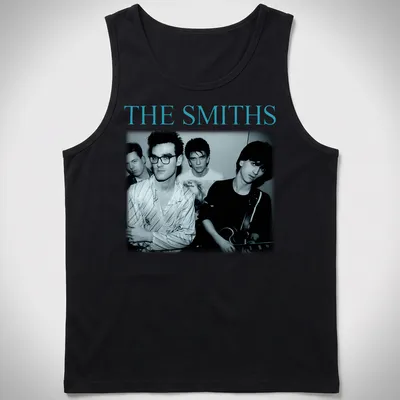 Portrait of The Smiths band members in black and white with blue accents — printed on a tank top