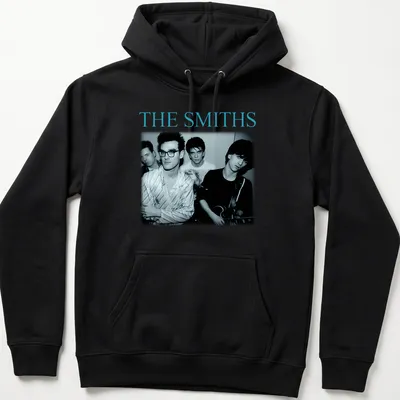 Portrait of The Smiths band members in black and white with blue accents — printed on a unisex hoodie