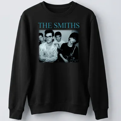 Portrait of The Smiths band members in black and white with blue accents — printed on a unisex sweatshirt