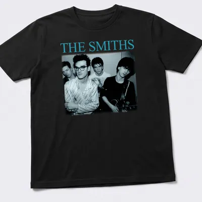 Portrait of The Smiths band members in black and white with blue accents