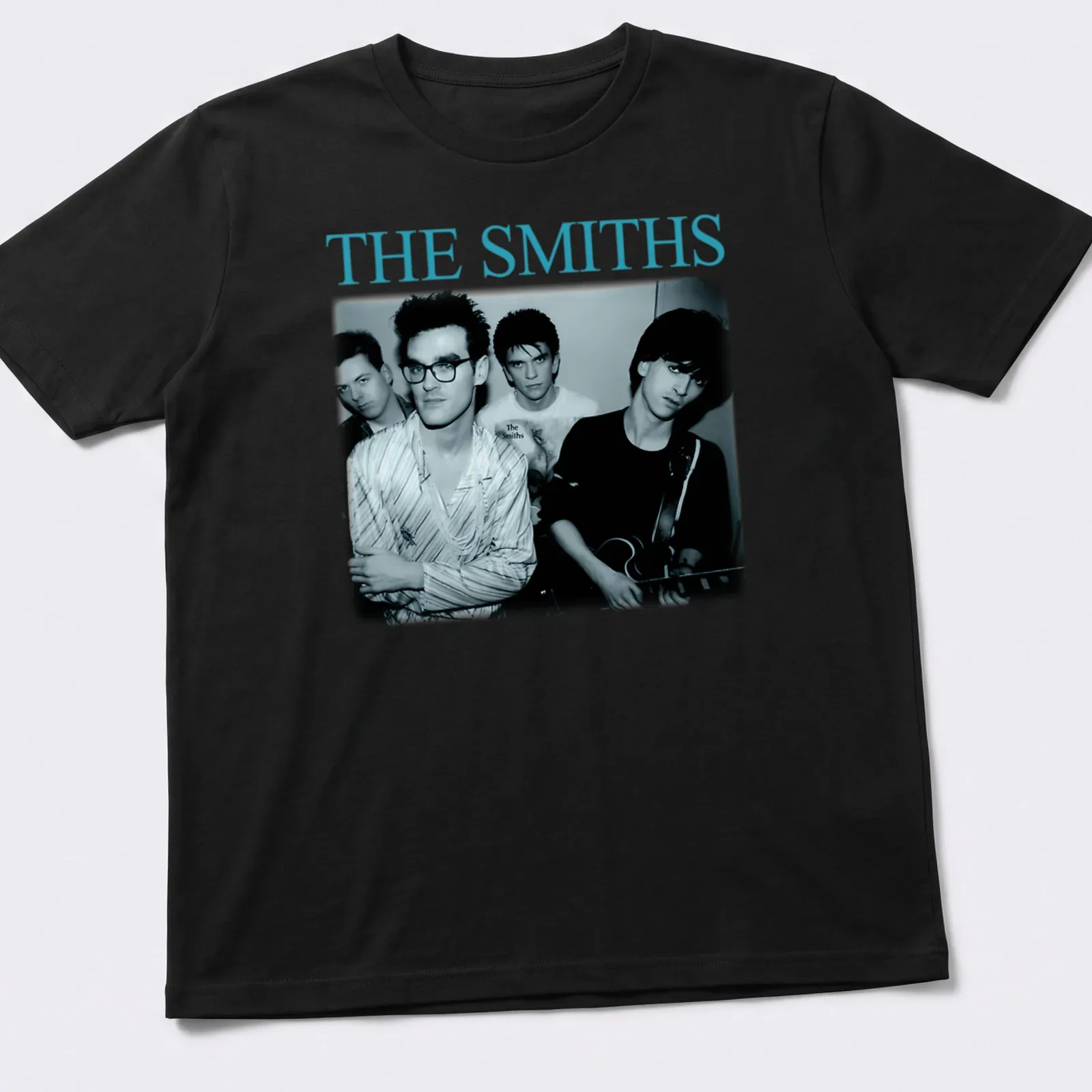 Portrait of The Smiths band members in black and white with blue accents — printed on a unisex t-shirt