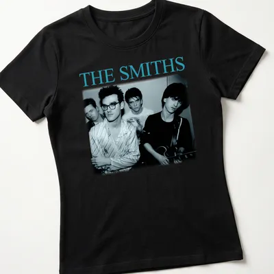 Portrait of The Smiths band members in black and white with blue accents — printed on a women's shirt