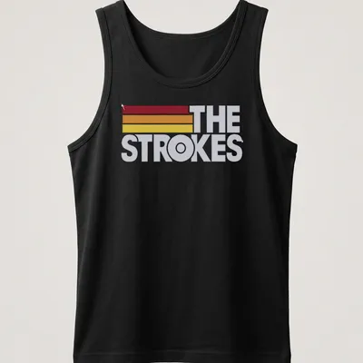 The Strokes logo in retro colors of red, orange, yellow, and white. — printed on a tank top
