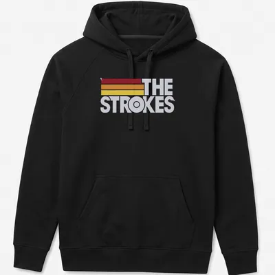 The Strokes logo in retro colors of red, orange, yellow, and white. — printed on a unisex hoodie