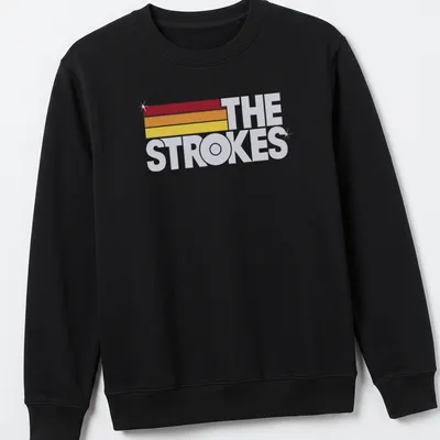 The Strokes logo in retro colors of red, orange, yellow, and white. — printed on a unisex sweatshirt