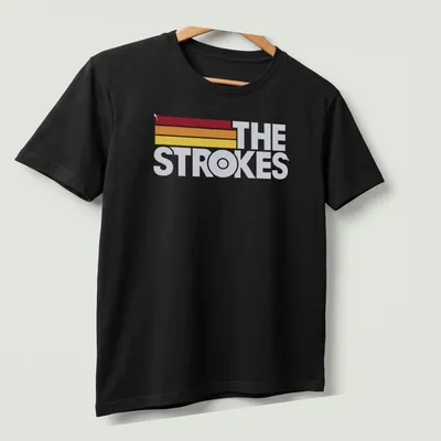 The Strokes logo in retro colors of red, orange, yellow, and white. — printed on a unisex t-shirt (angled view)