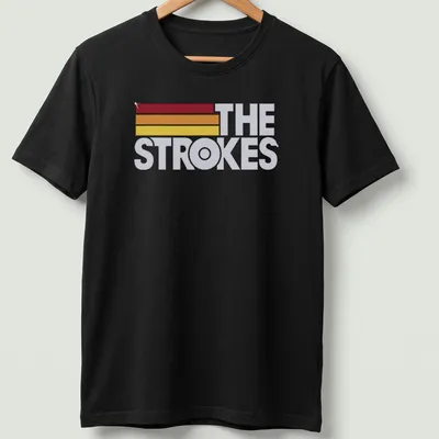 The Strokes logo in retro colors of red, orange, yellow, and white.