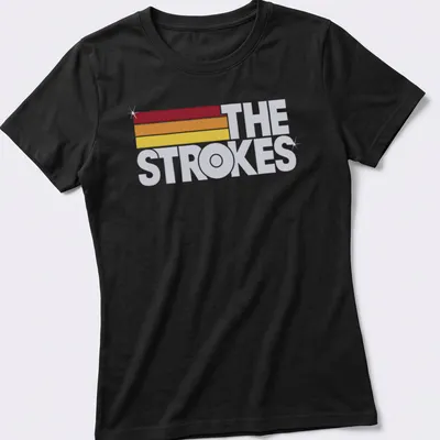 The Strokes logo in retro colors of red, orange, yellow, and white. — printed on a women's shirt