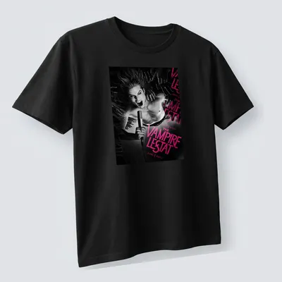 Dark gothic Vampire Lestat t-shirt with bold lettering and vampire imagery — printed on a unisex t-shirt (angled view)