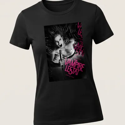 Dark gothic Vampire Lestat t-shirt with bold lettering and vampire imagery — printed on a women's shirt