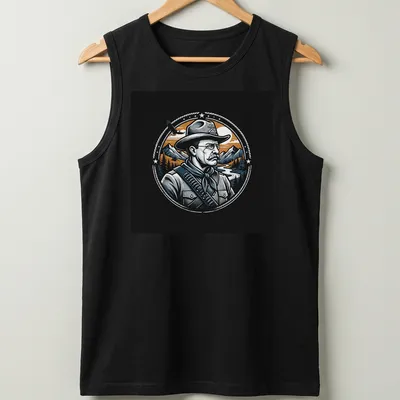 Vintage illustration of Theodore Roosevelt with Rough Rider text in bold colors — printed on a tank top