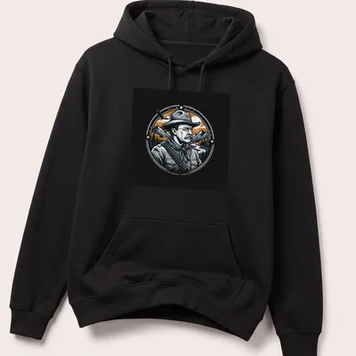 Vintage illustration of Theodore Roosevelt with Rough Rider text in bold colors — printed on a unisex hoodie