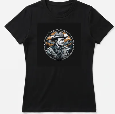 Vintage illustration of Theodore Roosevelt with Rough Rider text in bold colors — printed on a women's shirt