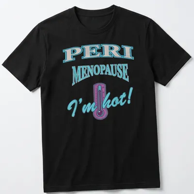 Vintage thermometer graphic with text about peri-menopause humor in retro colors