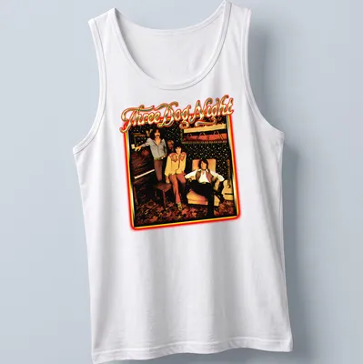 Retro design of the Three Dog Night band in black, red, gold, and white — printed on a tank top