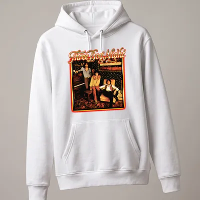 Retro design of the Three Dog Night band in black, red, gold, and white — printed on a unisex hoodie