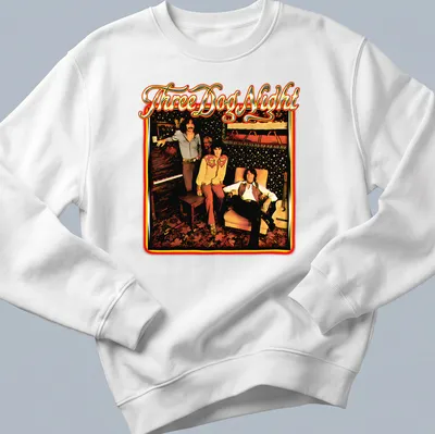 Retro design of the Three Dog Night band in black, red, gold, and white — printed on a unisex sweatshirt