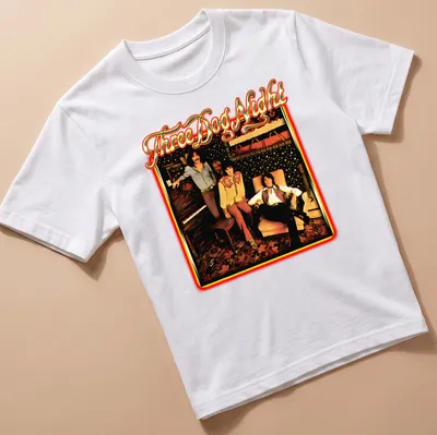 Retro design of the Three Dog Night band in black, red, gold, and white