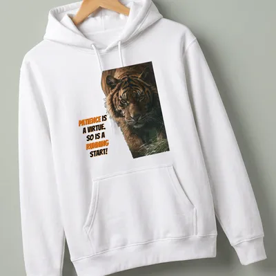 Realistic tiger illustration with motivational text about patience and action — printed on a unisex hoodie