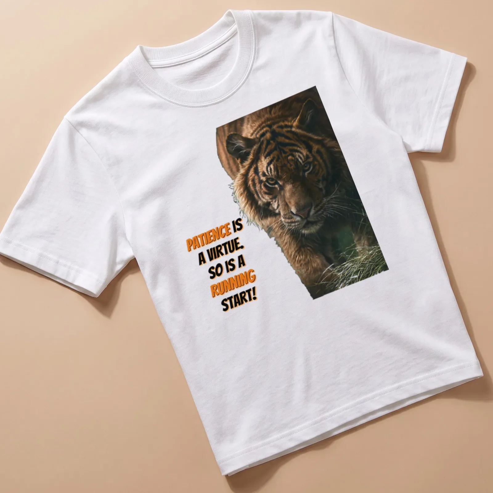 Realistic tiger illustration with motivational text about patience and action — printed on a unisex t-shirt