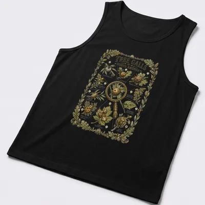 Botanical illustration of tree galls with printed text on nature guide — printed on a tank top