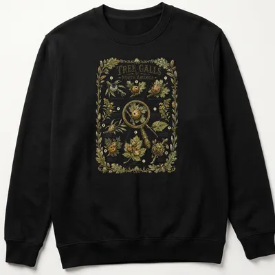 Botanical illustration of tree galls with printed text on nature guide — printed on a unisex sweatshirt