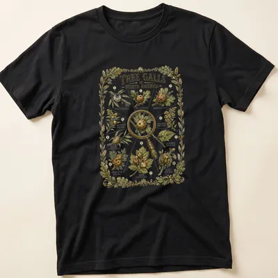 Botanical illustration of tree galls with printed text on nature guide shirt