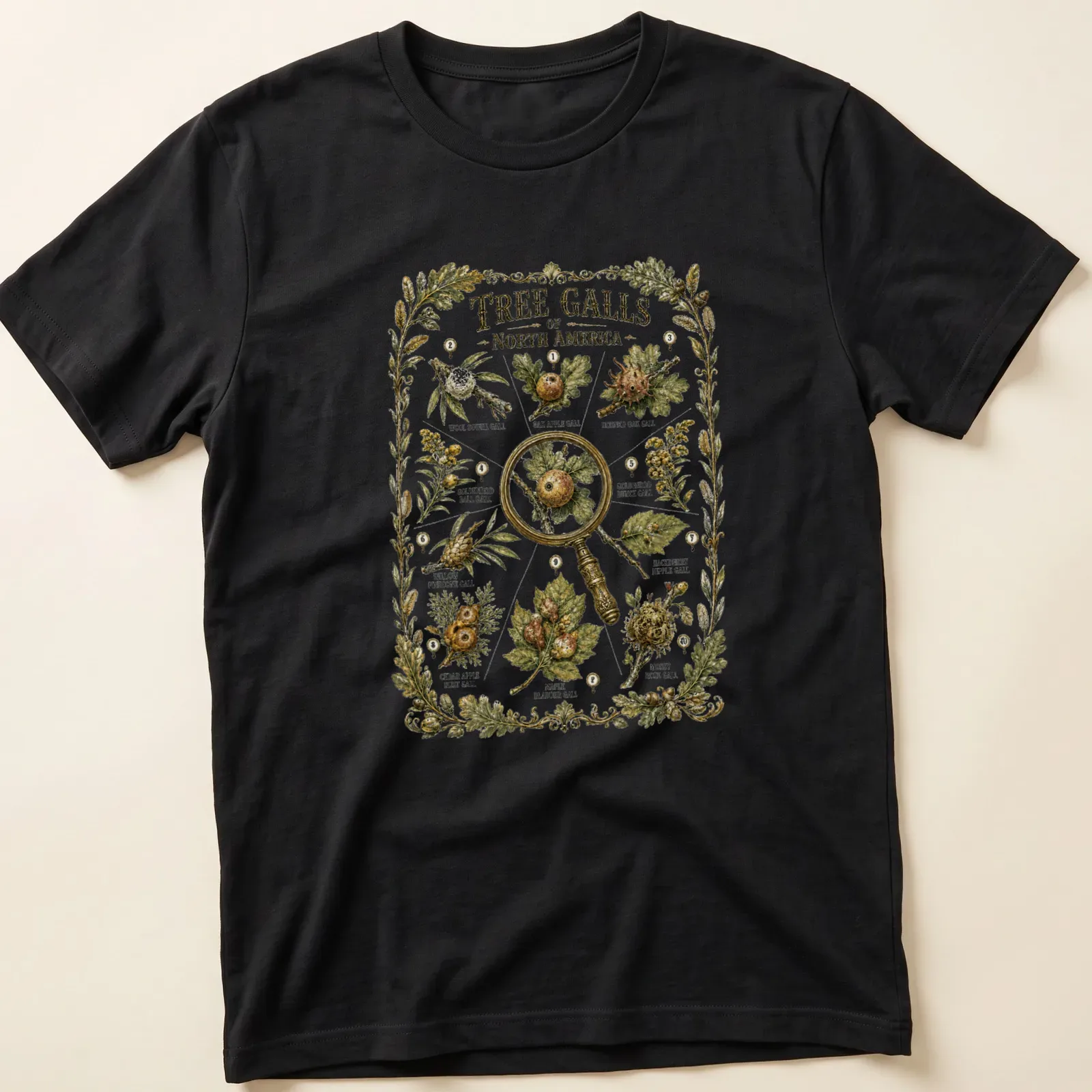 Botanical illustration of tree galls with printed text on nature guide — printed on a unisex t-shirt