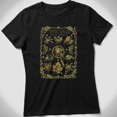 Botanical illustration of tree galls with printed text on nature guide — printed on a women's shirt