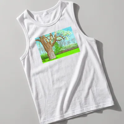 Colorful illustrative tree landscape with green leaves and blue sky — printed on a tank top