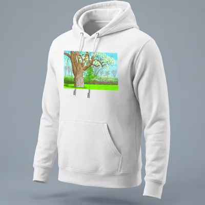 Colorful illustrative tree landscape with green leaves and blue sky — printed on a unisex hoodie