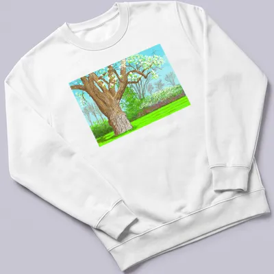 Colorful illustrative tree landscape with green leaves and blue sky — printed on a unisex sweatshirt