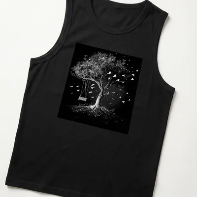 Black and white illustration of a tree with a swing and flying birds. — printed on a tank top