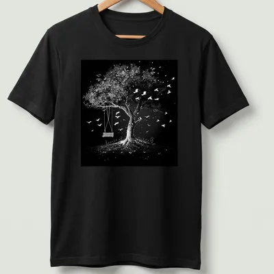 Black and white illustration of a tree with a swing and flying birds.
